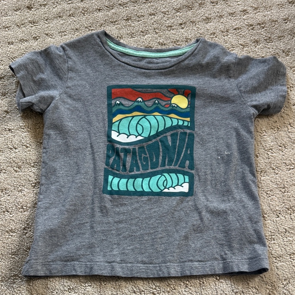 Patagonia Kids Charcoal Tee with Colorful Graphic